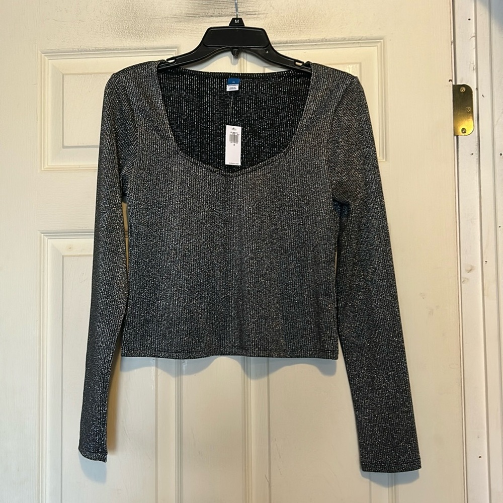 Old Navy Black Silver Metallic Shimmer Top Size Medium
